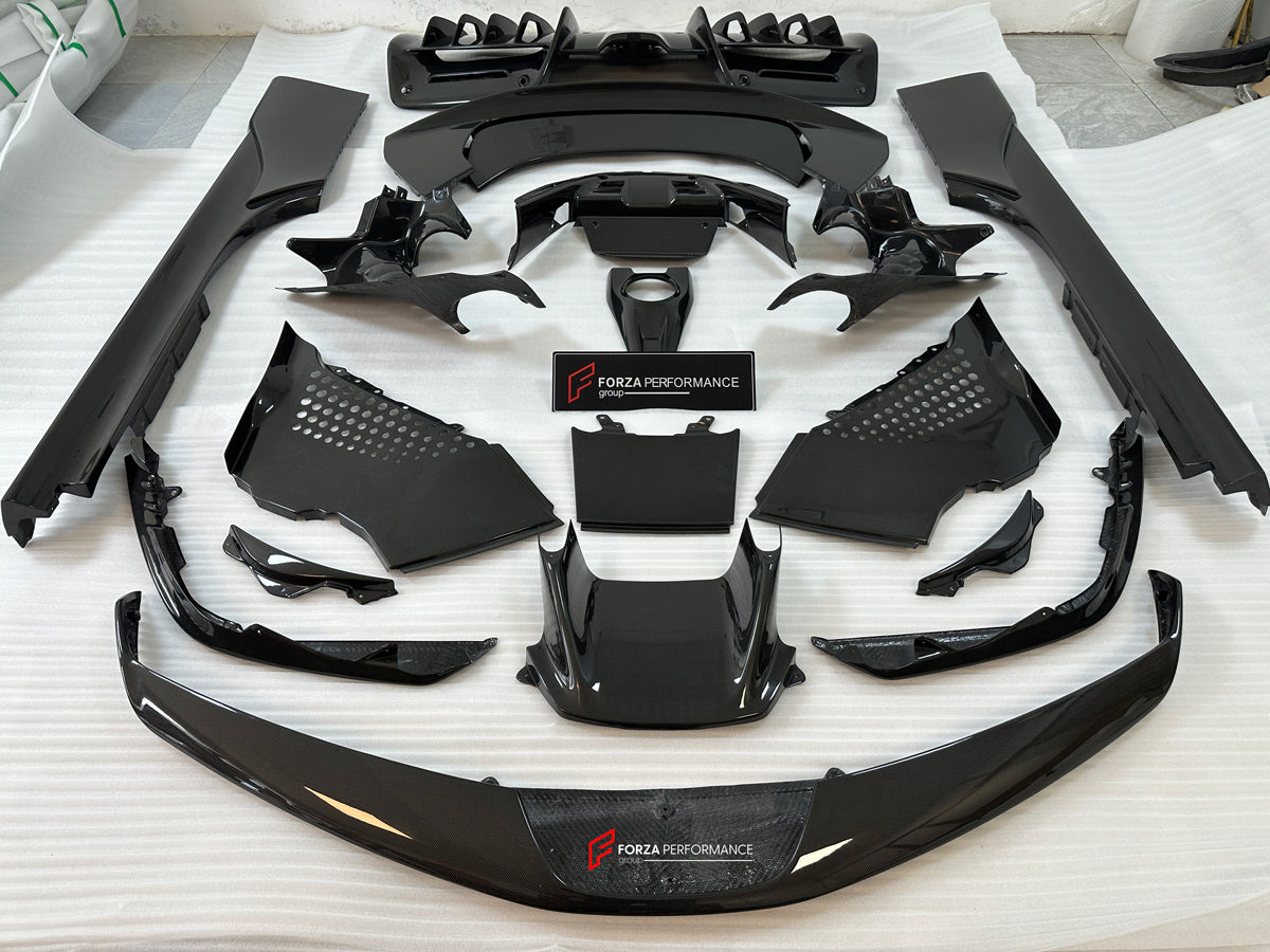 CARBON OEM GENUINE PARTS for FERRARI SF90 2021+  Set includes:  Front Lip Front Trims Side Skirts Side Vents Rear Diffuser Rear Spoiler Wing Material: Carbon Fiber  NOTE: Professional installation is required.  Contact us for pricing