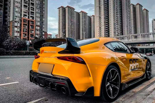 DRY CARBON BODY KIT for TOYOTA SUPRA A90 2019+

Set includes:

Front Lip

Side mirror covers
Side door trimps
Side air went trimps
Rear diffuser

Material: Carbon

Note: Professional installation is required.