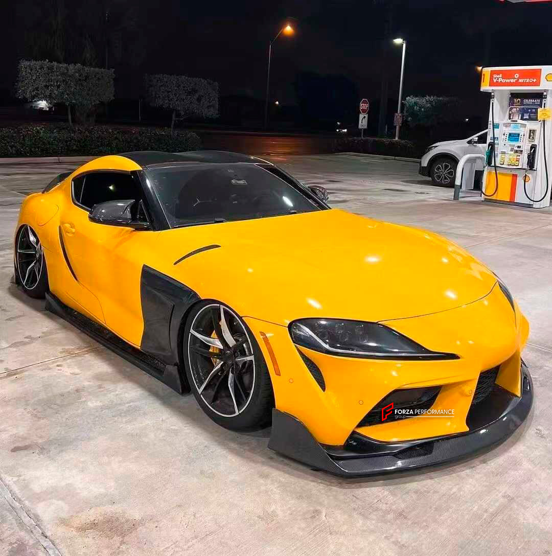 DRY CARBON BODY KIT for TOYOTA SUPRA A90 2019+

Set includes:

Front Lip

Side mirror covers
Side door trimps
Side air went trimps
Rear diffuser

Material: Carbon

Note: Professional installation is required.