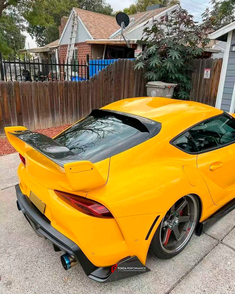DRY CARBON BODY KIT for TOYOTA SUPRA A90 2019+

Set includes:

Front Lip

Side mirror covers
Side door trimps
Side air went trimps
Rear diffuser

Material: Carbon

Note: Professional installation is required.