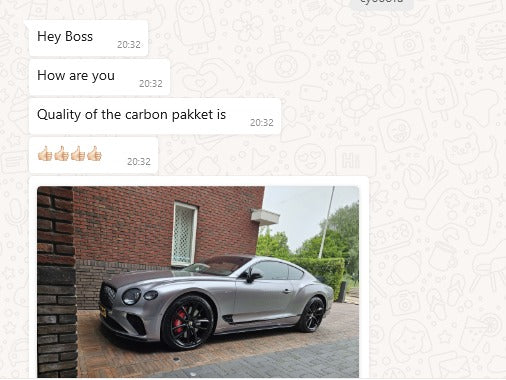 CARBON BODY KIT for BENTLEY CONTINENTAL GT 2018 - 2020

Set includes:

Front Lip
Rear Lip

Side Skirts

Rear Diffuser

Rear Spoiler

Material: Carbon Fiber