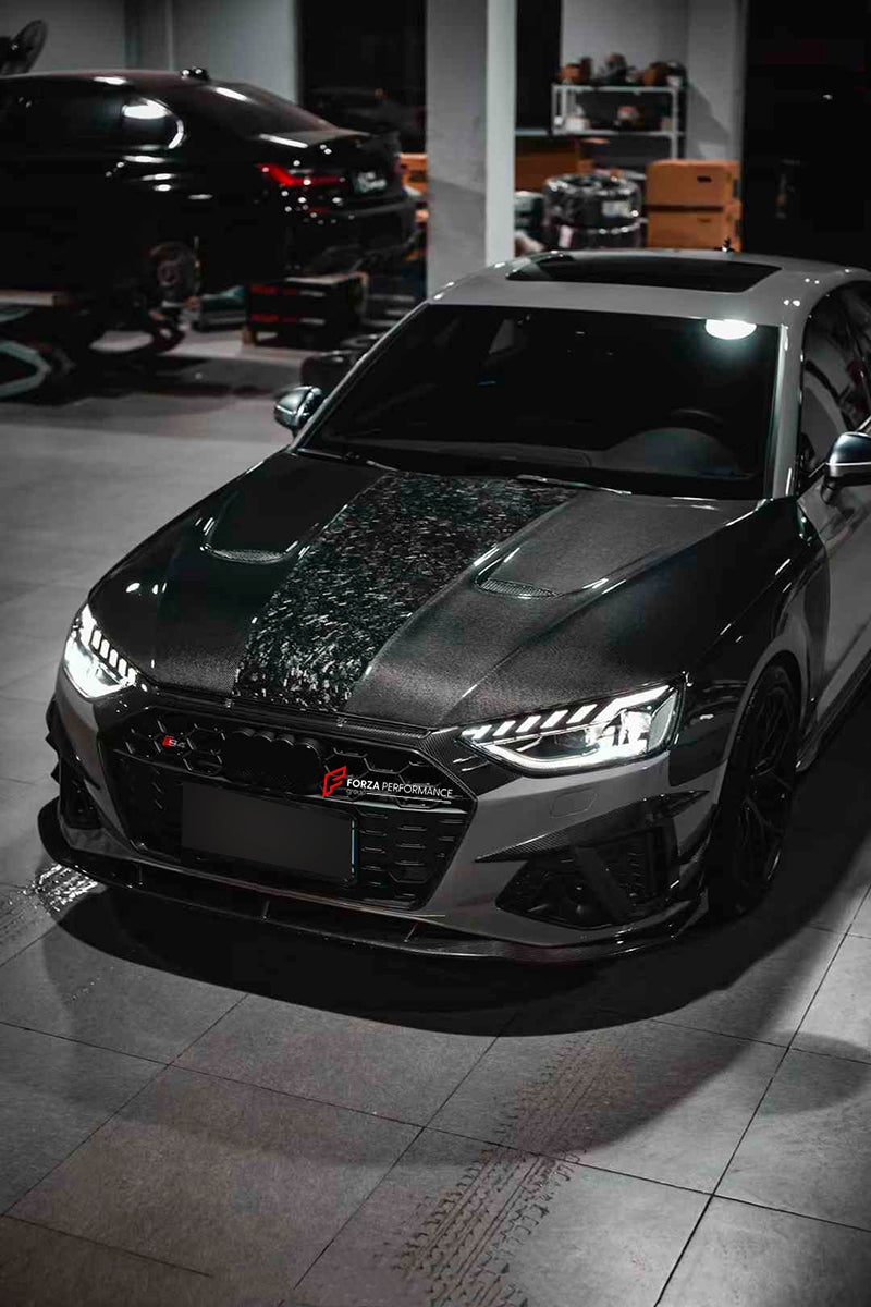 CARBON BODY KIT FOR AUDI S4 AVANT RS4 B9 2019+
Set includes:
Front Lip
Front Canards
Hood/Bonnet
Side Skirts
Rear Roof Spoiler
Rear Diffuser (two options)
Material: Carbon
NOTE: Professional installation is required