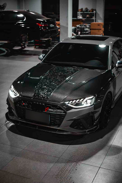 CARBON BODY KIT FOR AUDI S4 AVANT RS4 B9 2019+

Set includes:

Front Lip
Front Canards
Hood/Bonnet
Side Skirts
Rear Roof Spoiler
Rear Diffuser (two options)

Material: Carbon

NOTE: Professional installation is required