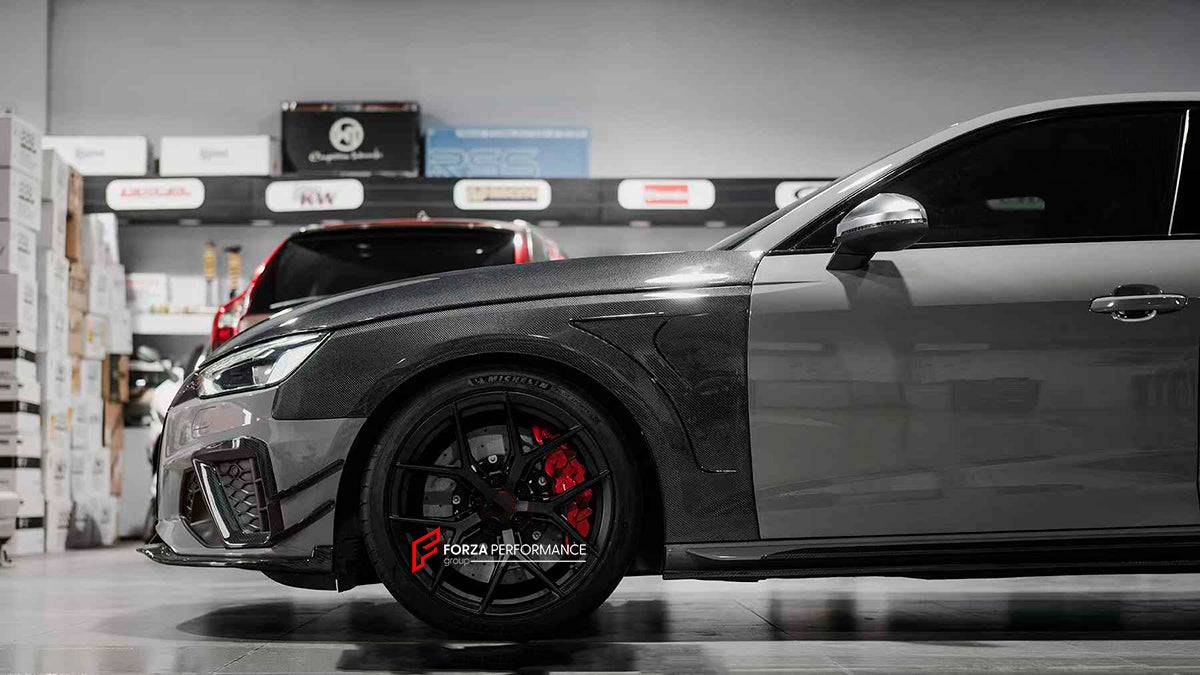 CARBON BODY KIT FOR AUDI S4 AVANT RS4 B9 2019+

Set includes:

Front Lip
Front Canards
Hood/Bonnet
Side Skirts
Rear Roof Spoiler
Rear Diffuser (two options)

Material: Carbon

NOTE: Professional installation is required