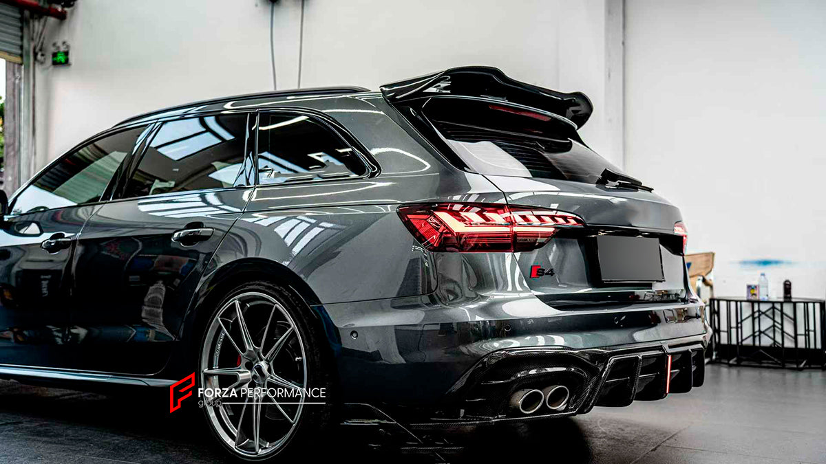 CARBON BODY KIT FOR AUDI S4 AVANT RS4 B9 2019+

Set includes:

Front Lip
Front Canards
Hood/Bonnet
Side Skirts
Rear Roof Spoiler
Rear Diffuser (two options)

Material: Carbon

NOTE: Professional installation is required