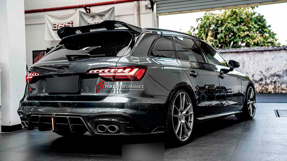 CARBON BODY KIT FOR AUDI S4 AVANT RS4 B9 2019+

Set includes:

Front Lip
Front Canards
Hood/Bonnet
Side Skirts
Rear Roof Spoiler
Rear Diffuser (two options)

Material: Carbon

NOTE: Professional installation is required