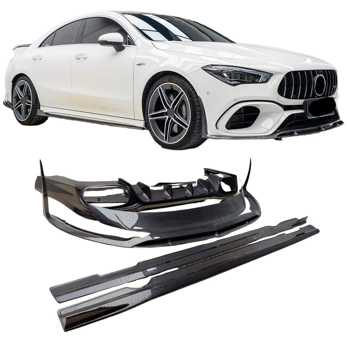 BODY KIT for Mercedes-Benz CLA35 CLA45 C118 2018+
Set includes:
Front Lip
Side Skirts
Rear Diffuser
Rear Spoiler
Material: Carbon fiber
Note: Professional installation is required.