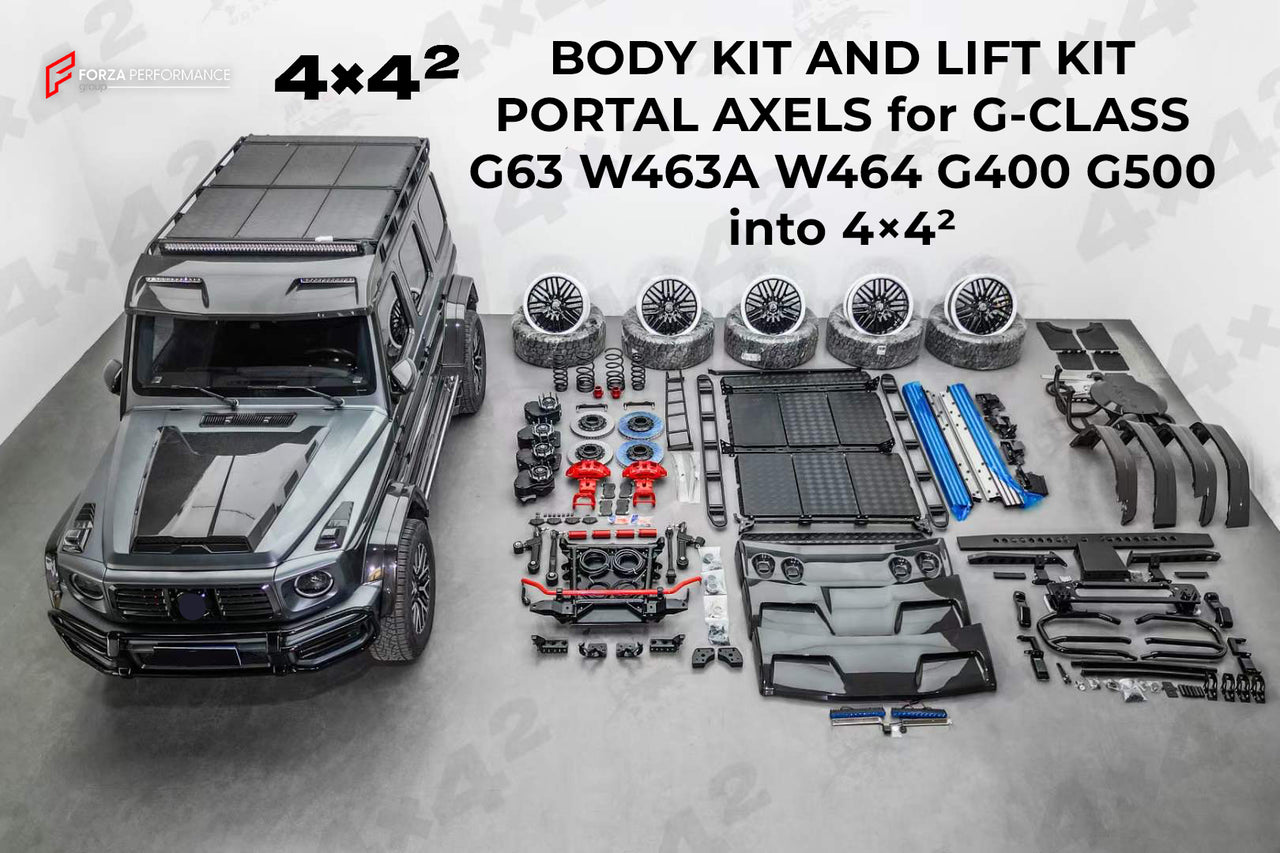 Body Kit includes:  Bullbar Roof LED DRL Bar Roof Rack Roof Ladder Side Fenders Side Skirts Spare Tire Cover Rear Middle Guard Material: Plastic  Lift Kit includes:  Big Brake Kit Portal Axels Springs 2 Front Outer Steering Knuckles 2 Heavy Duty Rear Axle Shafts Set of Axle Braces for Front & Rear Axles 4 ABS Sensors Mounting Bolts Lift kit is available both for LHD and