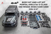 Body Kit includes:  Bullbar Roof LED DRL Bar Roof Rack Roof Ladder Side Fenders Side Skirts Spare Tire Cover Rear Middle Guard Material: Plastic  Lift Kit includes:  Big Brake Kit Portal Axels Springs 2 Front Outer Steering Knuckles 2 Heavy Duty Rear Axle Shafts Set of Axle Braces for Front & Rear Axles 4 ABS Sensors Mounting Bolts Lift kit is available both for LHD and