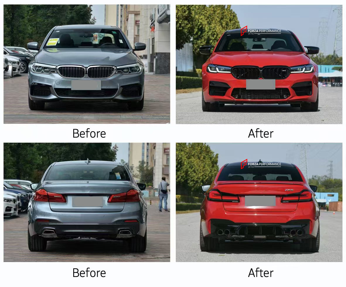 CONVERSION BODY KIT for BMW 5 SERIES G30 2018 - 2020 UPGRADE to M5 F90 LCI FACELIFT 2020 - 2023

Set includes:

Front Bumper
Front Bumper Trims
Front Grille
Headlights
Side Skirts
Tail Lights
Rear Bumper
Rear Diffuser
Exhaust Tips

Material: Plastic

NOTE: Professional installation is required.
Keywords ►

Conversion Body Kit for BMW 5 Series G30 2018-2020, BMW 5 Series G30 to M5 F90 LCI Facelift Conversion, BMW 5 Series Conversion Body Kit Upgrade to M5 F90, BMW M5 F90 LCI Facelift Conversion Body Kit, Cus
