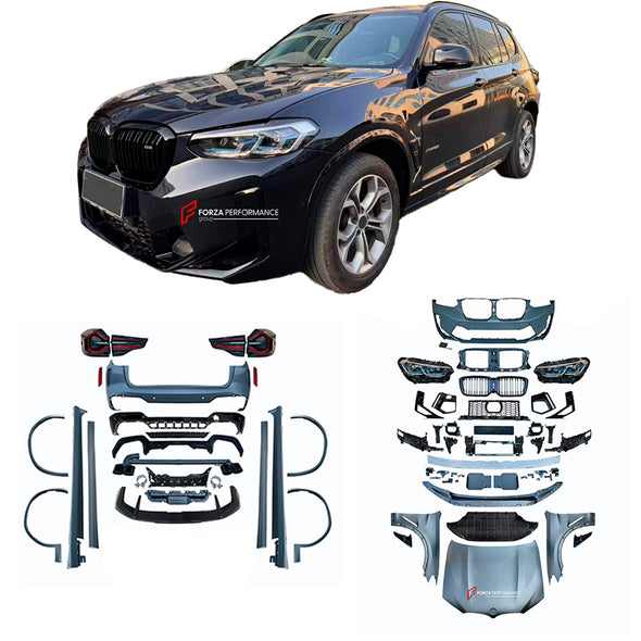 CONVERSION BODY KIT for BMW X3 F25 2011 - 2017 to X3M F97 G01 LCI 2021+

Set includes:

Front Bumper
Grille
Headlights
Hood
Front Fenders
Fender Flares
Side Skirts
Tail Lights
Rear Bumper
Rear Diffuser
Exhaust Tips

Material: Plastic

NOTE: Professional installation is required.

Payment ►
Visa

Master Card

PayPal (Pay via PayPal add 4,4%)
Cryptocurrency
Shipment ►
By express DHL/UPS/TNT/FedEx
To the local international airport
Special line by air
Special line by the sea
To Europe and the UK by train

Plea