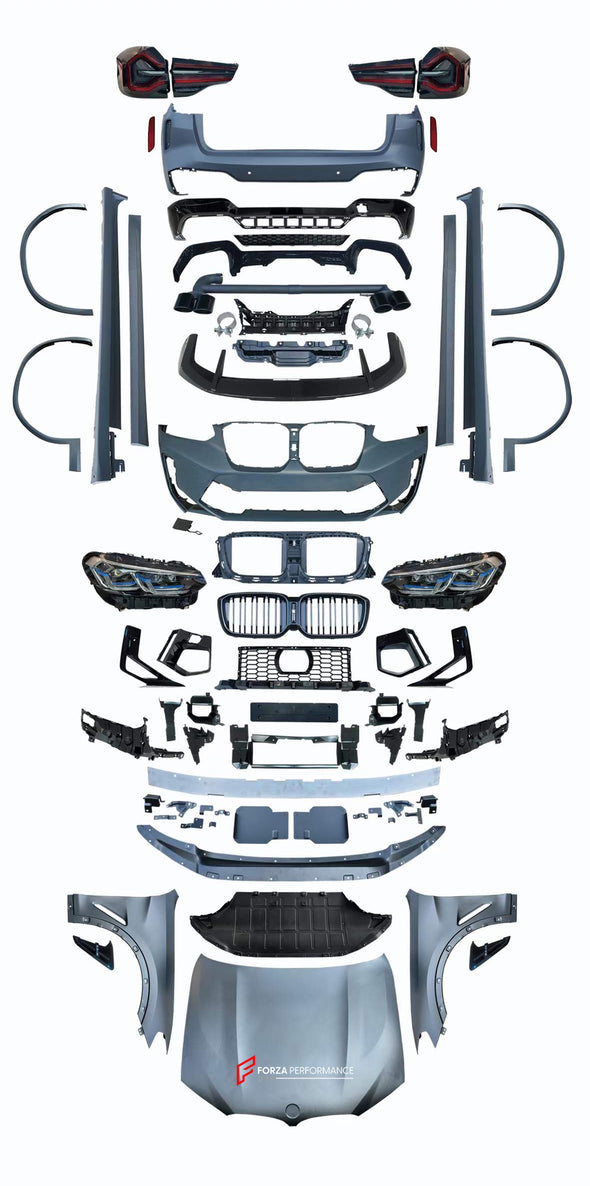 CONVERSION BODY KIT for BMW X3 F25 2011 - 2017 to X3M F97 G01 LCI 2021+  Set includes:  Front Bumper Grille Headlights Hood Front Fenders Fender Flares Side Skirts Tail Lights Rear Bumper Rear Diffuser Exhaust Tips