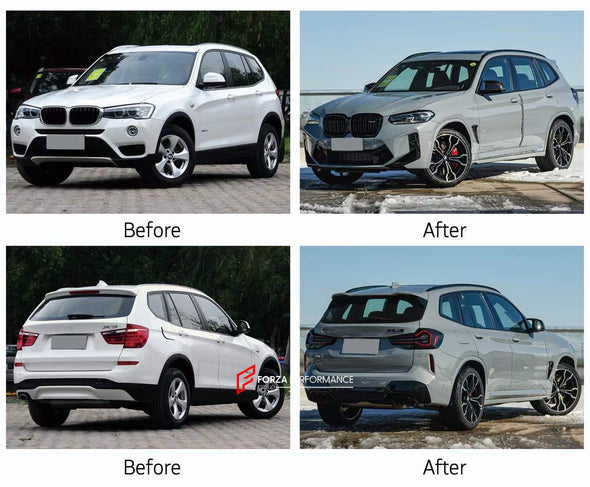 CONVERSION BODY KIT for BMW X3 F25 2011 - 2017 to X3M F97 LCI 2021+  Set includes:  Front Bumper Grille Headlights Hood Front Fenders Fender Flares Side Skirts Tail Lights Rear Bumper Rear Diffuser Exhaust Tips