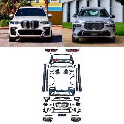 CONVERSION BODY KIT for BMW X7 G07 2018 to BMW X7 G07 LCI 2023

Set includes:

Front Bumper Assembly
Grille
Headlights
Side Skirts
Rear Bumper Assembly
Rear Tail Lights

Material: Plastic

NOTE: Professional installation is required
