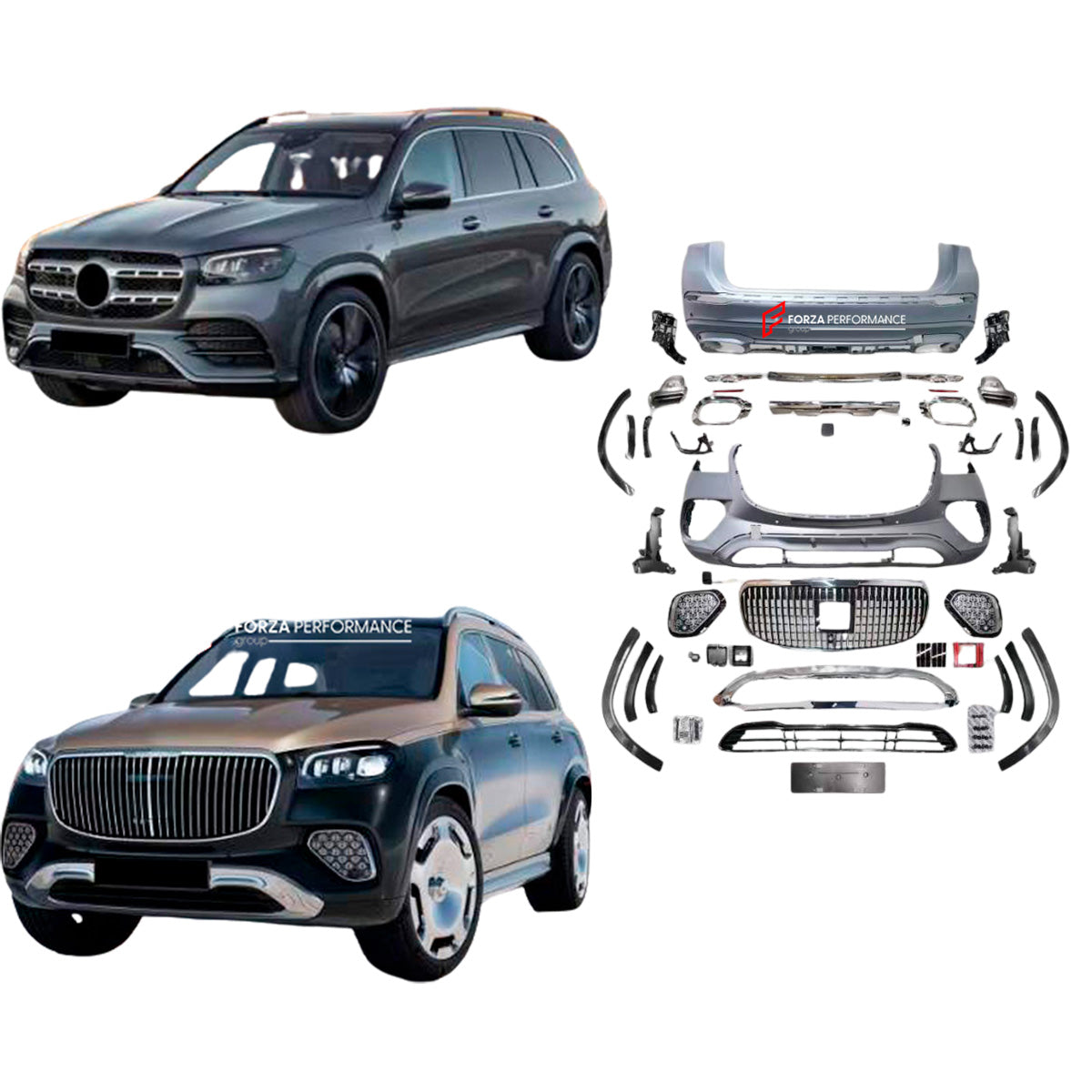 CONVERSION BODY KIT for MERCEDES-BENZ GLS X167 2020+ UPGRADE to GLS 600 MAYBACH 2024 FACELIFT

Set includes:

Front Bumper
Front Grille
Front Bumper Air Vents
Side Fenders
Rear Bumper

Material: Plastic

Note: Professional installation is required.