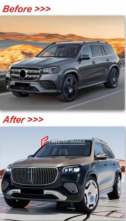 CONVERSION BODY KIT for MERCEDES-BENZ GLS X167 2020+ UPGRADE to GLS 600 MAYBACH 2024 FACELIFT

Set includes:

Front Bumper
Front Grille
Front Bumper Air Vents
Side Fenders
Rear Bumper

Material: Plastic

Note: Professional installation is required.