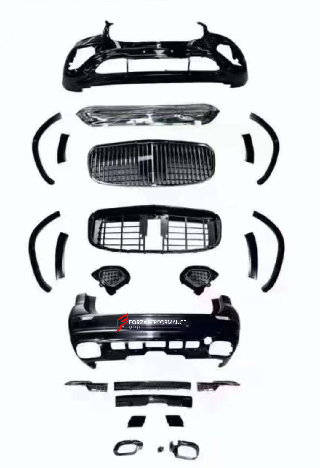 CONVERSION BODY KIT for MERCEDES-BENZ GLS X167 2020+ UPGRADE to GLS 600 MAYBACH 2024 FACELIFT

Set includes:

Front Bumper
Front Grille
Front Bumper Air Vents
Side Fenders
Rear Bumper

Material: Plastic

Note: Professional installation is required.
