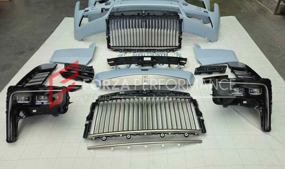 CONVERSION BODY KIT for ROLLS-ROYCE CULLINAN SERIES 1 2018 - 2025 UPGRADE to SERIES 2 FACELIFT 2025+

Set includes:

Front Bumper Assembly
Grille Frame
Front Grille
Headlights
Rear Bumper
Exhaust Tips
Material: Plastic

NOTE: Professional installation is required. When purchase inform us if you have night vision camera or not. Fender trimming is required. Headlights are available with or without AFS (Adaptive Front-lighting System) - the kit price depends on the headlights version.