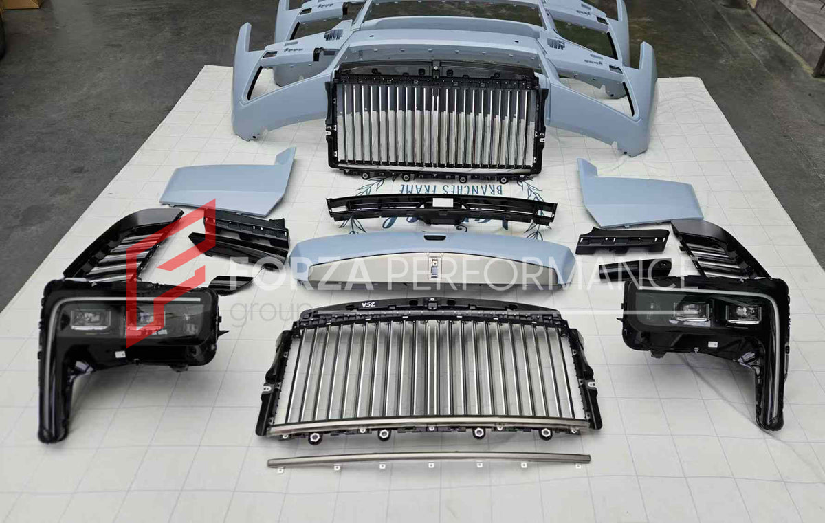 CONVERSION BODY KIT for ROLLS-ROYCE CULLINAN SERIES 1 2018 - 2025 UPGRADE to SERIES 2 FACELIFT 2025+

Set includes:

Front Bumper Assembly
Grille Frame
Front Grille
Headlights
Rear Bumper
Exhaust Tips
Material: Plastic

NOTE: Professional installation is required. When purchase inform us if you have night vision camera or not. Fender trimming is required. Headlights are available with or without AFS (Adaptive Front-lighting System) - the kit price depends on the headlights version.