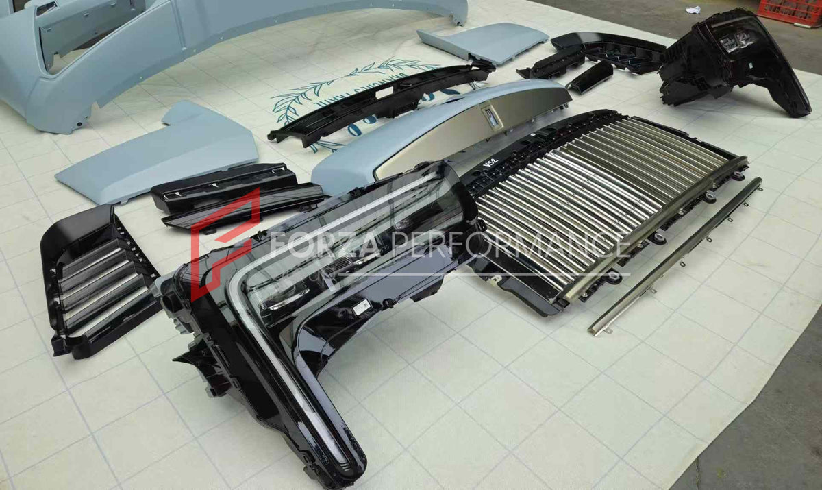 CONVERSION BODY KIT for ROLLS-ROYCE CULLINAN SERIES 1 2018 - 2025 UPGRADE to SERIES 2 FACELIFT 2025+

Set includes:

Front Bumper Assembly
Grille Frame
Front Grille
Headlights
Rear Bumper
Exhaust Tips
Material: Plastic

NOTE: Professional installation is required. When purchase inform us if you have night vision camera or not. Fender trimming is required. Headlights are available with or without AFS (Adaptive Front-lighting System) - the kit price depends on the headlights version.