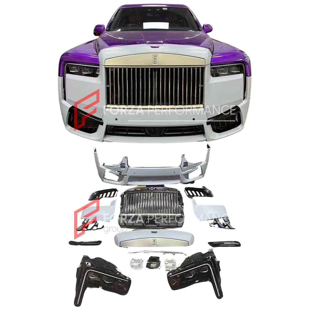 CONVERSION BODY KIT for ROLLS-ROYCE CULLINAN SERIES 1 2018 - 2025 UPGRADE to SERIES 2 FACELIFT 2025+

Set includes:

Front Bumper Assembly
Grille Frame
Front Grille
Headlights
Rear Bumper
Exhaust Tips
Material: Plastic

NOTE: Professional installation is required. When purchase inform us if you have night vision camera or not. Fender trimming is required. Headlights are available with or without AFS (Adaptive Front-lighting System) - the kit price depends on the headlights version.