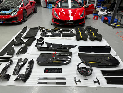 CONVERSION INTERIOR BODY KIT for FERRARI 488 to PISTA

Set includes:

Steering Wheel
Shift Paddles
Dashboard Trims
Center Console Box
Door Covers
Door Sills
Seats