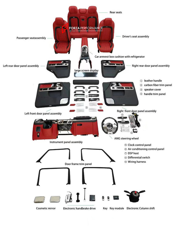 CONVERSION INTERIOR KIT for MERCEDES-BENZ G-CLASS W463 2002 - 2017 to W463A W464 2018 - 2024

Set includes:

AMG Steering Wheel
Door Panels Assembly
Dashboard Assembly
Seats Assembly
Center Console Armrest
Door Handles
Speaker Covers
Trim Panels
Shift Paddles
Door Frame Trims