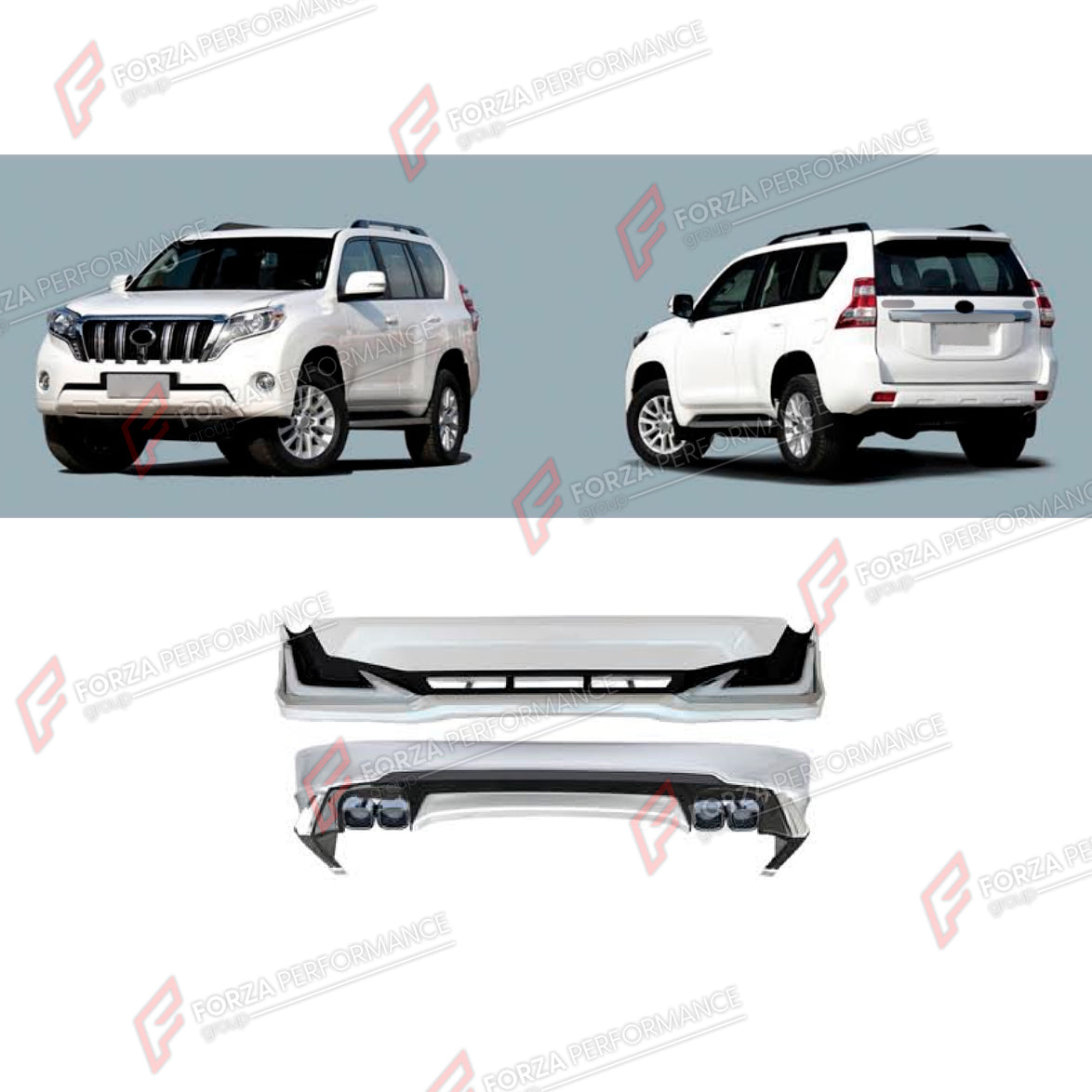 CONVERSION FRONT BUMPER AND REAR BUMPER for TOYOTA LAND CRUISER PRADO 150 2009 - 2016 UPGRADE to LAND CRUISER PRADO 150 FACELIFT 2017 - 2024 FORZA PERFORMANCE custom fit M Style

Set includes:
Front Bumper
Rear Bumper

Material: Plastic

NOTE: Professional installation is required.