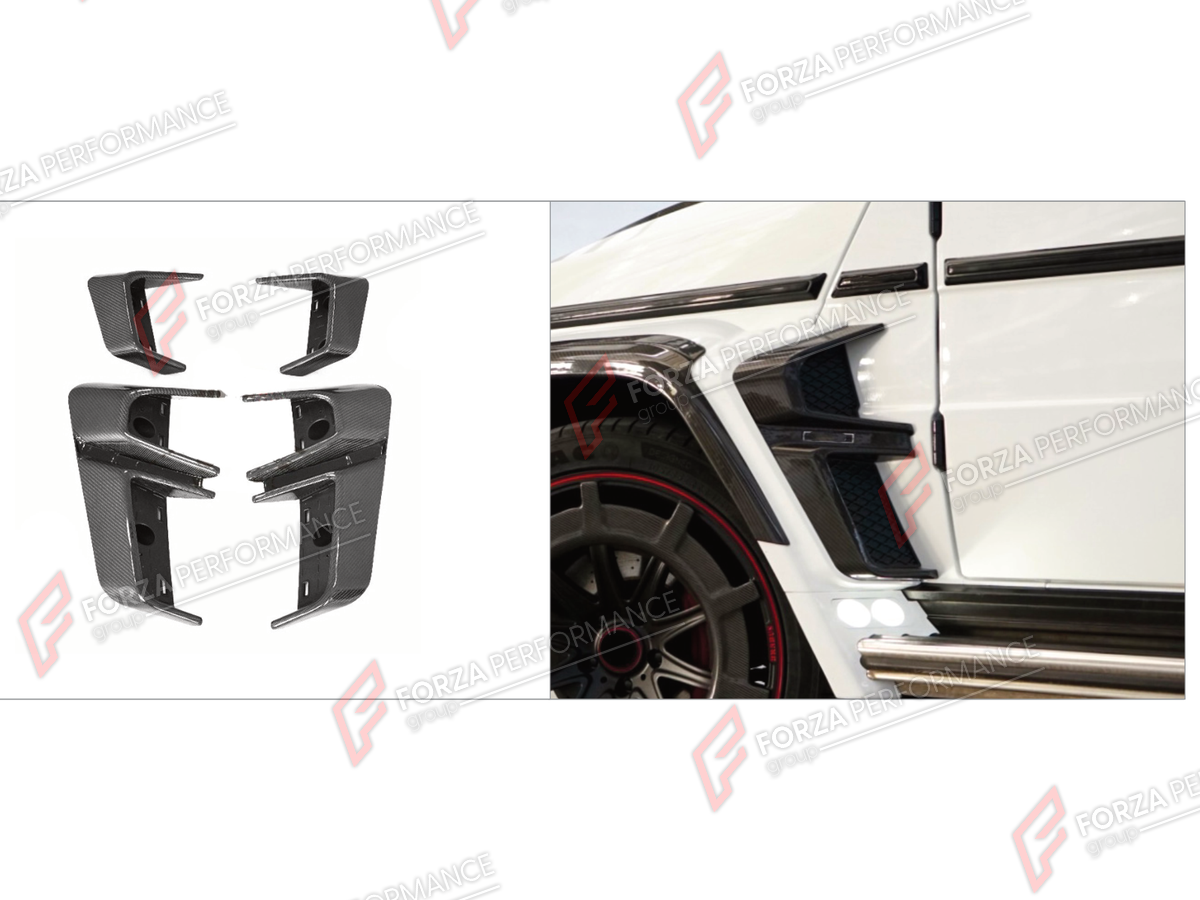 CONVERSION DRY CARBON FENDER TRIM COVERS for MERCEDES-BENZ G-CLASS W463 2008 - 2018 UPGRADE to G-CLASS W464 2019 - 2024

Set includes:
Front Fender Trim Covers
Rear Fender Trim Covers

Material: Dry Carbon

NOTE: Professional installation is required.