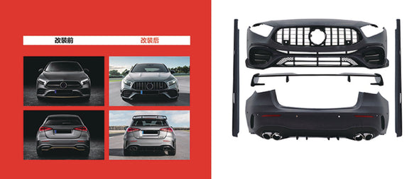 CONVERSION BODY KIT for MERCEDES-BENZ A-CLASS W177 2019 - 2022 to A45 AMG  Set includes:  Front Bumper with Grille Rear Bumper Side Fenders Rear Spoiler