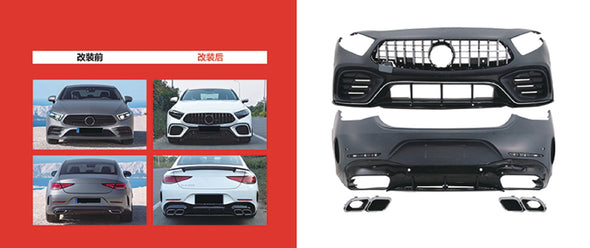 CONVERSION BODY KIT for MERCEDES-BENZ CLS-CLASS C257 2019 - 2022 to CLS63 AMG  Set includes:  Front Bumper with Grille Rear Bumper Exhaust Tips