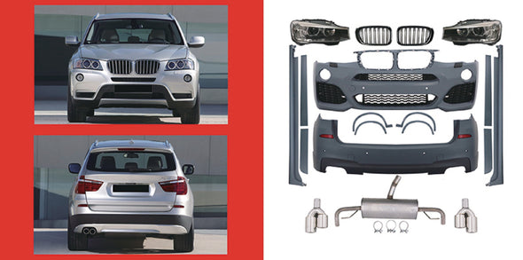 CONVERSION BODY KIT for BMW X3 F25 2010 - 2013 to X3M F25 LCI  Set includes:  Front Bumper Front Grille Headlights Side Fenders Side Skirts Side Trims Rear Bumper Catback Exhaust Exhaust Tips