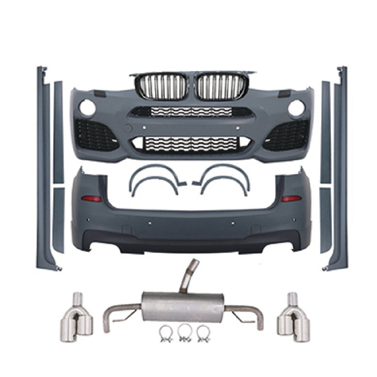 CONVERSION BODY KIT for BMW X3 F25 2014 - 2017 to X3M F97  Set includes:  Front Bumper with Grille Rear Bumper Side Skirts Side Trims Catback Exhaust Exhaust Tips