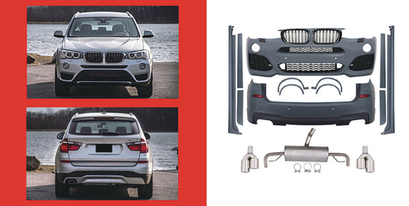 CONVERSION BODY KIT for BMW X3 F25 2014 - 2017 to X3M F97  Set includes:  Front Bumper with Grille Rear Bumper Side Skirts Side Trims Catback Exhaust Exhaust Tips