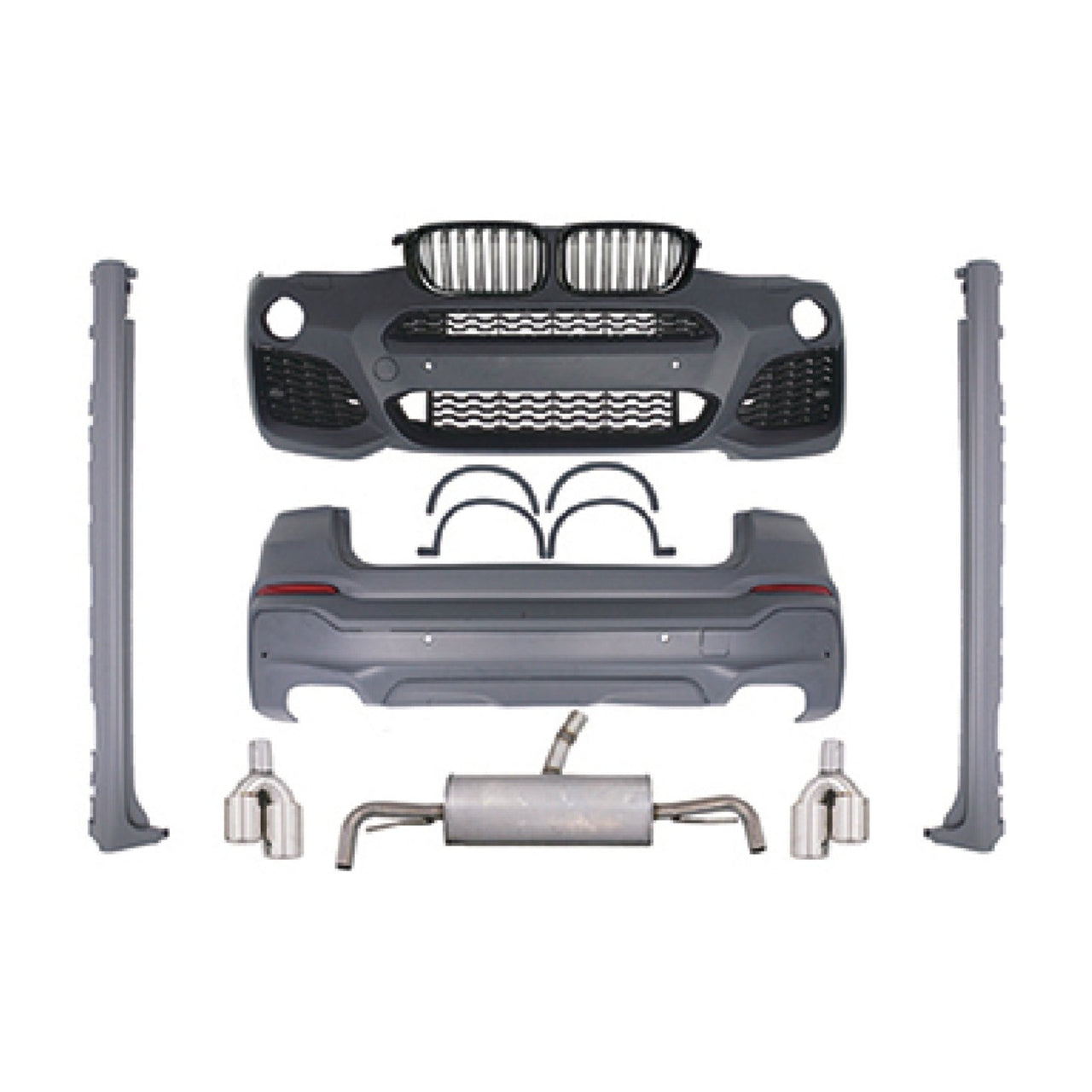 CONVERSION BODY KIT for BMW X4 G02 2019 - 2021 to X4M F98  Set includes:  Front Bumper with Grille Rear Bumper Side Skirts Side Fenders Catback Exhaust Exhaust Tips