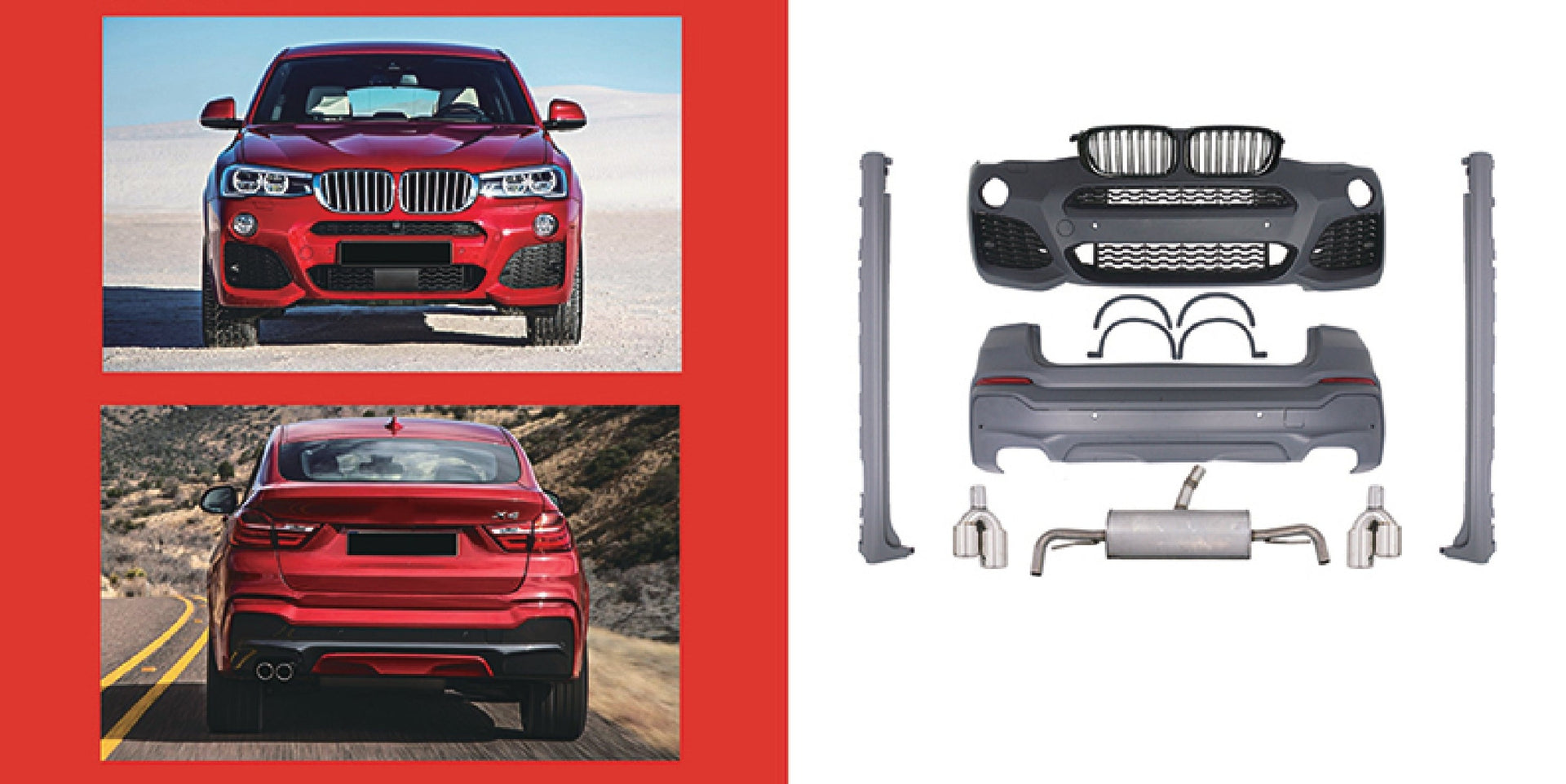 CONVERSION BODY KIT for BMW X4 G02 2019 - 2021 to X4M F98  Set includes:  Front Bumper with Grille Rear Bumper Side Skirts Side Fenders Catback Exhaust Exhaust Tips