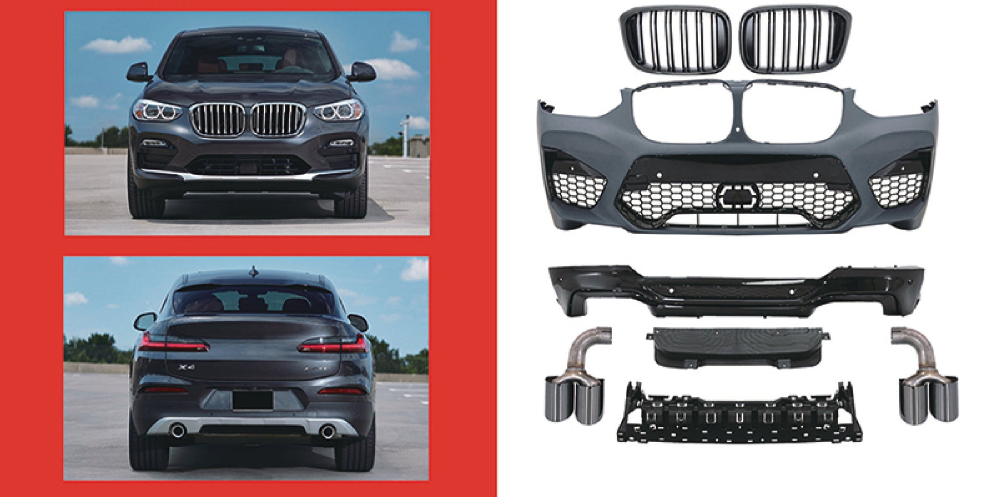 CONVERSION BODY KIT for BMW X4 G02 2019 - 2021 to X4M F98  Set includes:  Front Bumper Front Grille Rear Diffuser Exhaust Tips