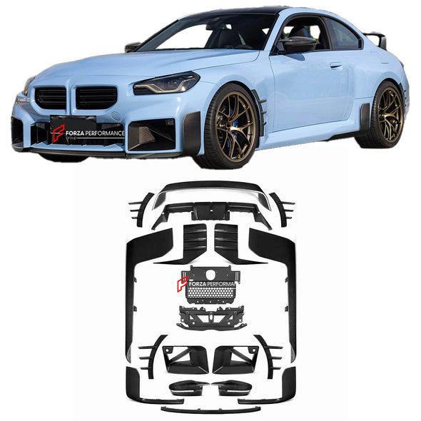 CARBON BODY KIT FOR BMW M2/M2C G87  Set includes:  Front Lip Front Vent Covers Front Canards Rear Diffuser Rear Spoiler Rear Canards Skit plate Side Skirts  Side Canards Mirror Covers