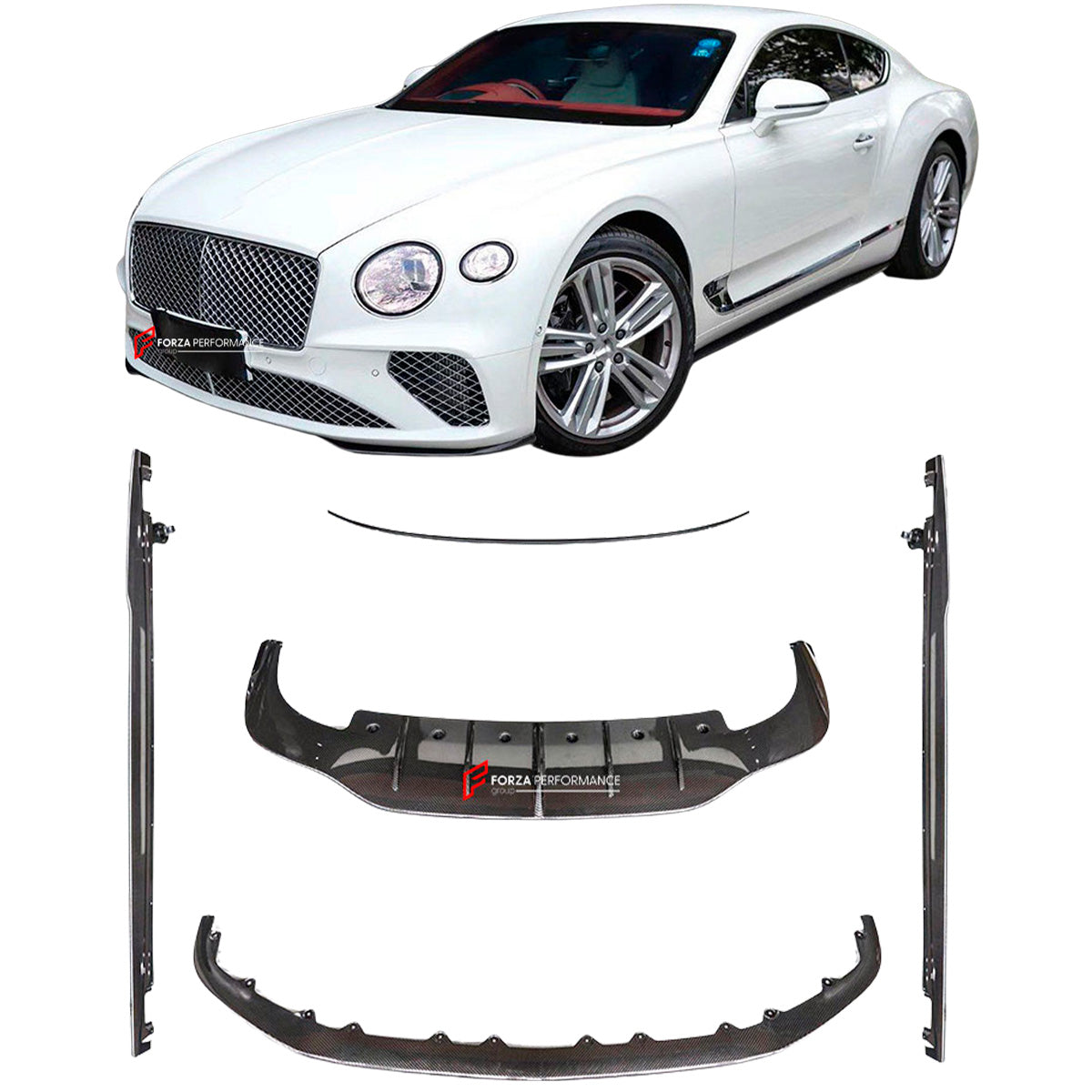 DRY CARBON BODY KIT For BENTLEY CONTINENTAL GT 2018+

Set includes:

Front Lip
Side Skirts
Rear Spoiler
Rear Diffuser

Material: Dry Carbon

Note: Professional installation is required.