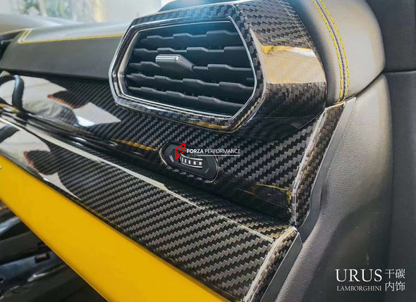 DRY CARBON INTERIOR TRIM KIT COVERS for LAMBORGHINI URUS 2018+  Set includes:  Dashboard Trim Cover Center Console Trim Cover 2x Front Door Trim Covers 2x Rear Door Trim Covers