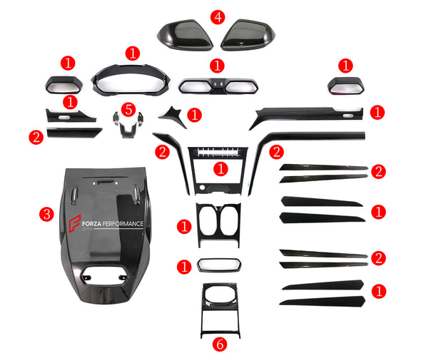 DRY CARBON INTERIOR TRIM KIT COVERS for LAMBORGHINI URUS | S | SE | PERFORMANTE | ST-X 2023+  Set includes:  Dashboard Trims Center Console Box Trim Gear Shift Cup Frame Trim Rear Seats Replacement Covers Steering Wheel Trims Door Trims Rear Cup Holder Trim Side Mirror Replacement Covers