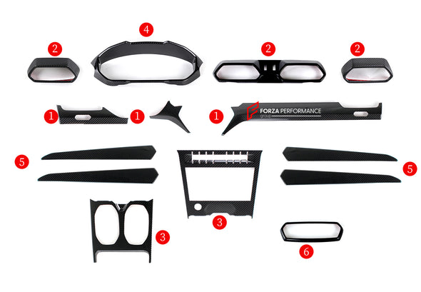 DRY CARBON INTERIOR TRIM KIT COVERS for LAMBORGHINI URUS | S | SE | PERFORMANTE | ST-X 2023+  Set includes:  Dashboard Trims Center Console Box Trim Gear Shift Cup Frame Trim Rear Seats Replacement Covers Steering Wheel Trims Door Trims Rear Cup Holder Trim Side Mirror Replacement Covers