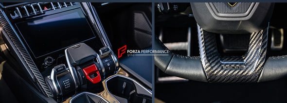 DRY CARBON INTERIOR TRIM KIT COVERS for LAMBORGHINI URUS | S | SE | PERFORMANTE | ST-X 2023+  Set includes:  Dashboard Trims Center Console Box Trim Gear Shift Cup Frame Trim Rear Seats Replacement Covers Steering Wheel Trims Door Trims Rear Cup Holder Trim Side Mirror Replacement Covers