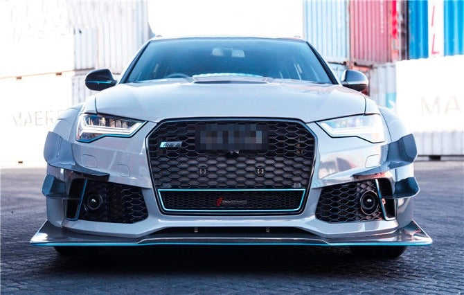 AUTHENTIC DARWINPRO DTM STYLE CARBON WIDE BODY KIT for AUDI RS6 C7 AVANT 2014 - 2018  Set includes:  Hood Front lip Front canards Fender flares Side skirts Side canards Bumper spoiler Rear bumper canards Door canards Rear fender canards Rear diffuser canards Roof spoiler Trunk spoiler Material: Carbon fiber / Forged Carbon / Fiberglass + Carbon / Autoclave carbon fiber / Double sided carbon fiber  NOTE: Professional installation is required  Contact us for pricing