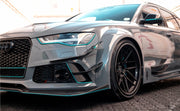 AUTHENTIC DARWINPRO DTM STYLE CARBON WIDE BODY KIT for AUDI RS6 C7 AVANT 2014 - 2018  Set includes:  Hood Front lip Front canards Fender flares Side skirts Side canards Bumper spoiler Rear bumper canards Door canards Rear fender canards Rear diffuser canards Roof spoiler Trunk spoiler Material: Carbon fiber / Forged Carbon / Fiberglass + Carbon / Autoclave carbon fiber / Double sided carbon fiber  NOTE: Professional installation is required  Contact us for pricing