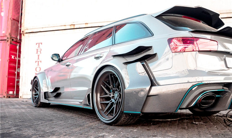 AUTHENTIC DARWINPRO DTM STYLE CARBON WIDE BODY KIT for AUDI RS6 C7 AVANT 2014 - 2018  Set includes:  Hood Front lip Front canards Fender flares Side skirts Side canards Bumper spoiler Rear bumper canards Door canards Rear fender canards Rear diffuser canards Roof spoiler Trunk spoiler Material: Carbon fiber / Forged Carbon / Fiberglass + Carbon / Autoclave carbon fiber / Double sided carbon fiber  NOTE: Professional installation is required  Contact us for pricing