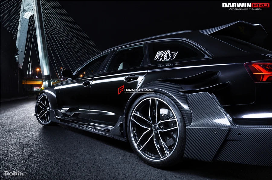 AUTHENTIC DARWINPRO DTM STYLE CARBON WIDE BODY KIT for AUDI RS6 C7 AVANT 2014 - 2018  Set includes:  Hood Front lip Front canards Fender flares Side skirts Side canards Bumper spoiler Rear bumper canards Door canards Rear fender canards Rear diffuser canards Roof spoiler Trunk spoiler Material: Carbon fiber / Forged Carbon / Fiberglass + Carbon / Autoclave carbon fiber / Double sided carbon fiber  NOTE: Professional installation is required  Contact us for pricing