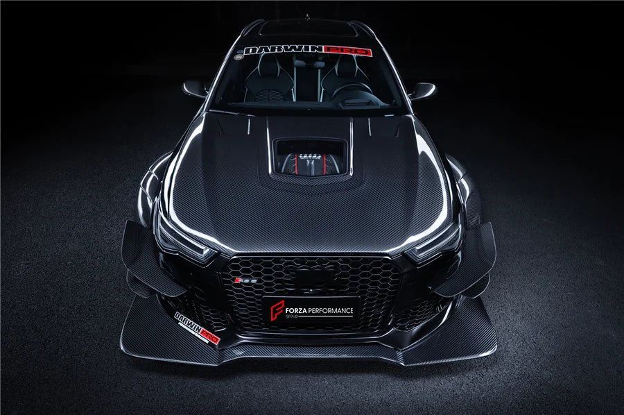 AUTHENTIC DARWINPRO DTM STYLE CARBON WIDE BODY KIT for AUDI RS6 C7 AVANT 2014 - 2018  Set includes:  Hood Front lip Front canards Fender flares Side skirts Side canards Bumper spoiler Rear bumper canards Door canards Rear fender canards Rear diffuser canards Roof spoiler Trunk spoiler Material: Carbon fiber / Forged Carbon / Fiberglass + Carbon / Autoclave carbon fiber / Double sided carbon fiber  NOTE: Professional installation is required  Contact us for pricing