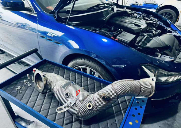 EXHAUST CATLESS DOWNPIPE for MASERATI GHIBLI 2.0T 2021+  Material: Stainless Steel  Optionally:  For extra cost we can add heat shield protection 200 cell catalytic converter