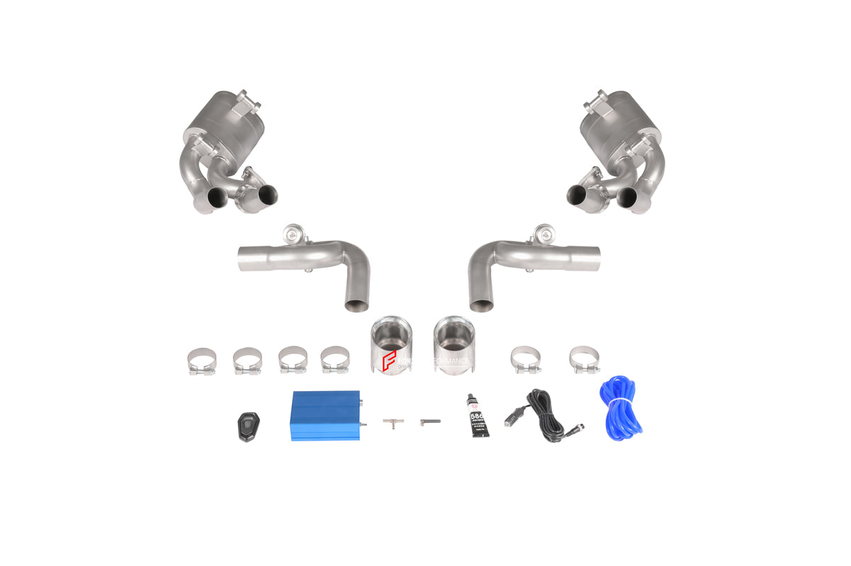 EXHAUST SYSTEM with MIDPIPE for CONVERSION from 911 CARRERA to GT3 991.1 991.2 2012 - 2016  Valved exhaust, meaning that has remote, controlled valves - allowing a switch between an aggressive loud sports sound and a sound that is closer to the OEM sound  Set includes:  Exhaust pipe Mufflers with valve Exhaust tips